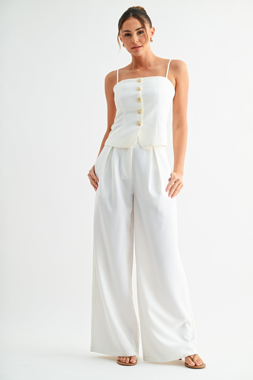 Tailored Button Front Top & Wide Leg Pant Set