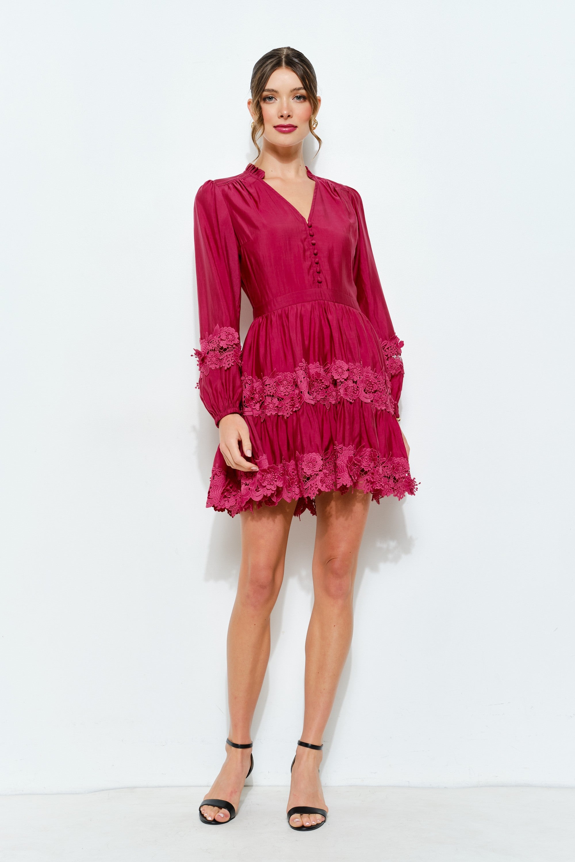 Shiny Floral Lace Puff Sleeve Mini Dress