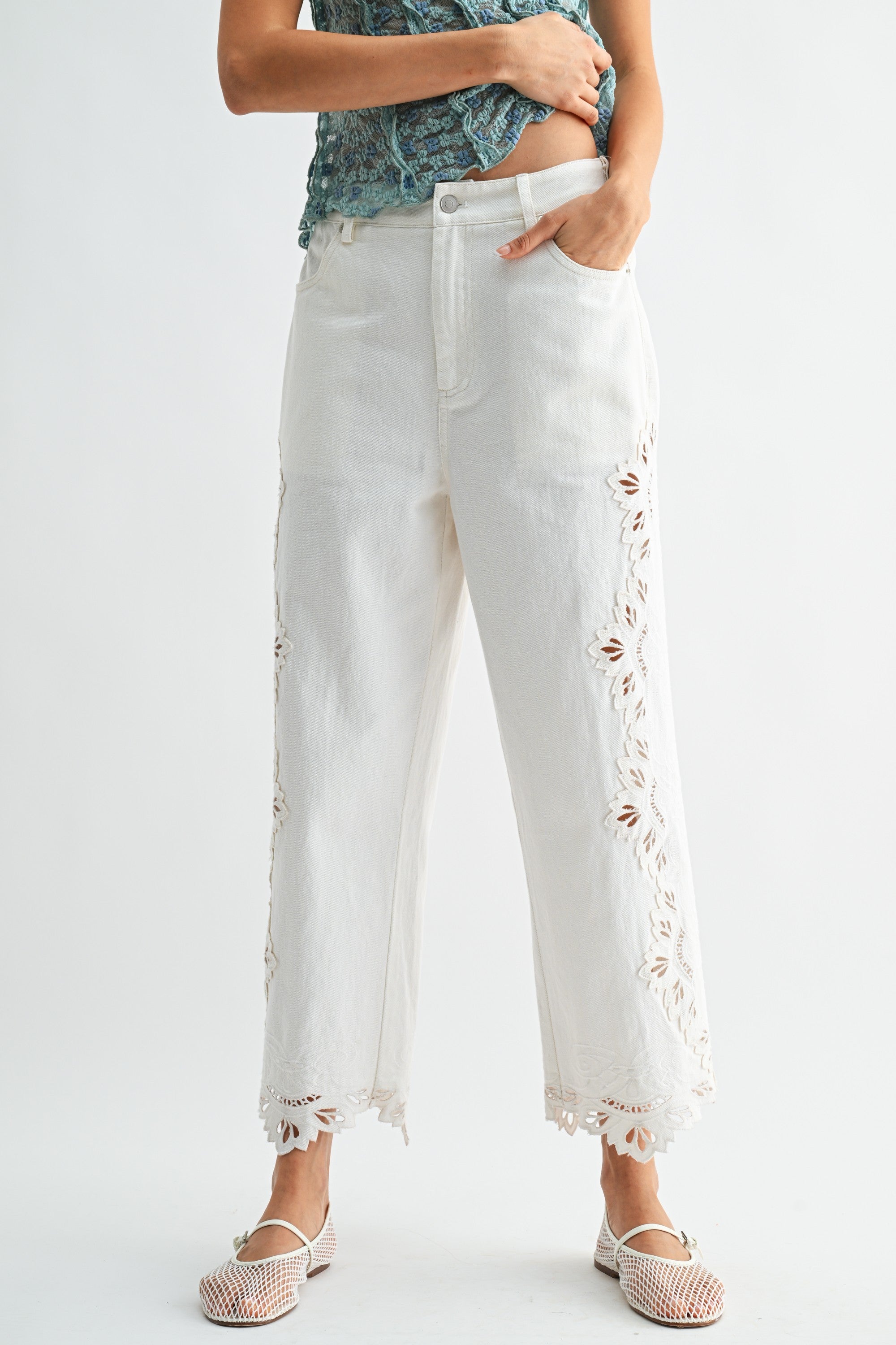 Cropped Pants Intricate Eyelet Embroidery