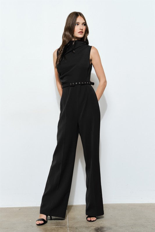 Asymmetric Draped Belted Sleeveless Jumpsuit
