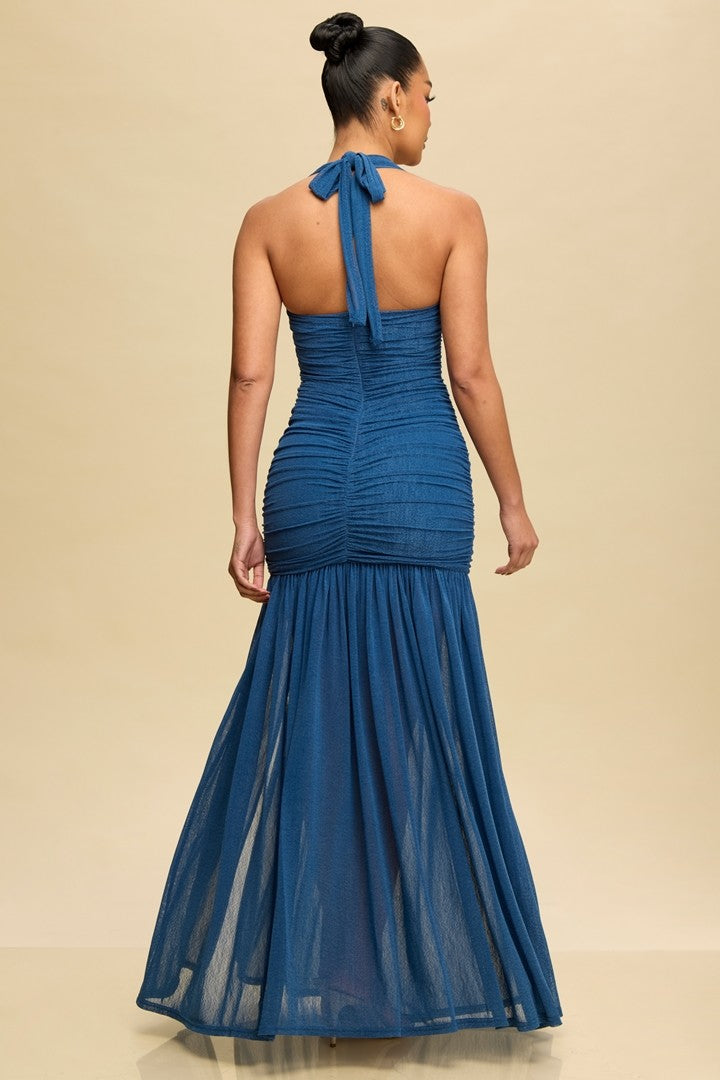 Ruched Mesh Halter Dress