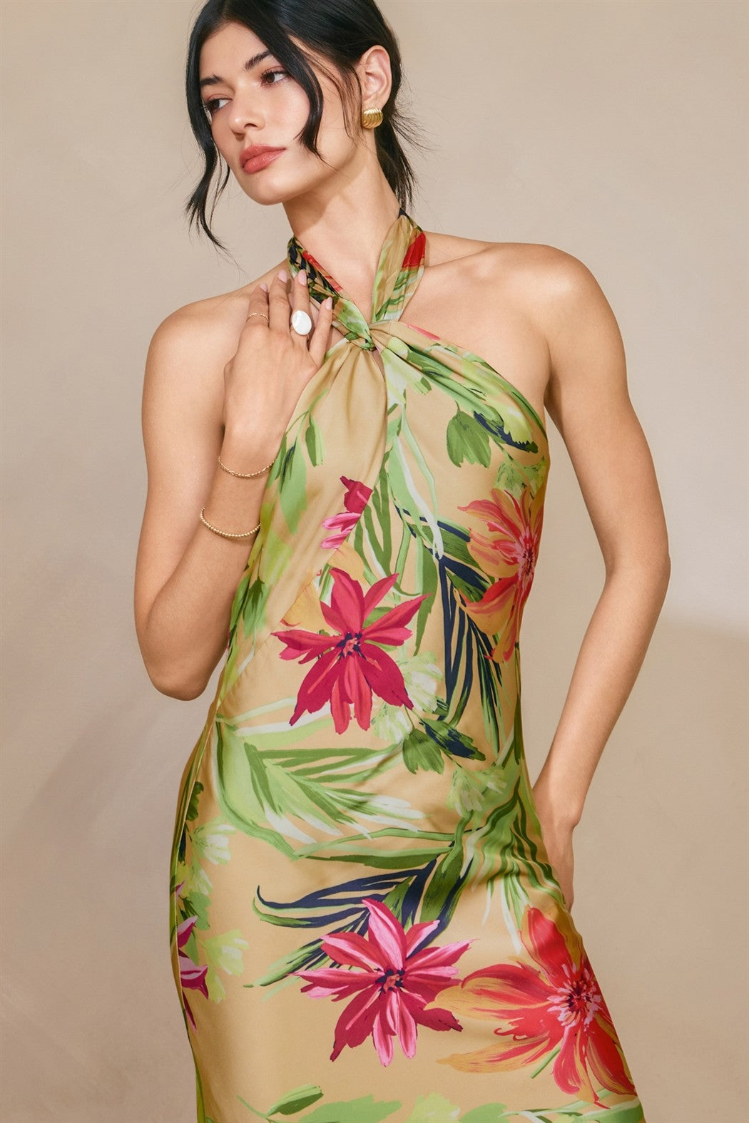 Rainforest Leaf Halter Neck Open Back Maxi Dress