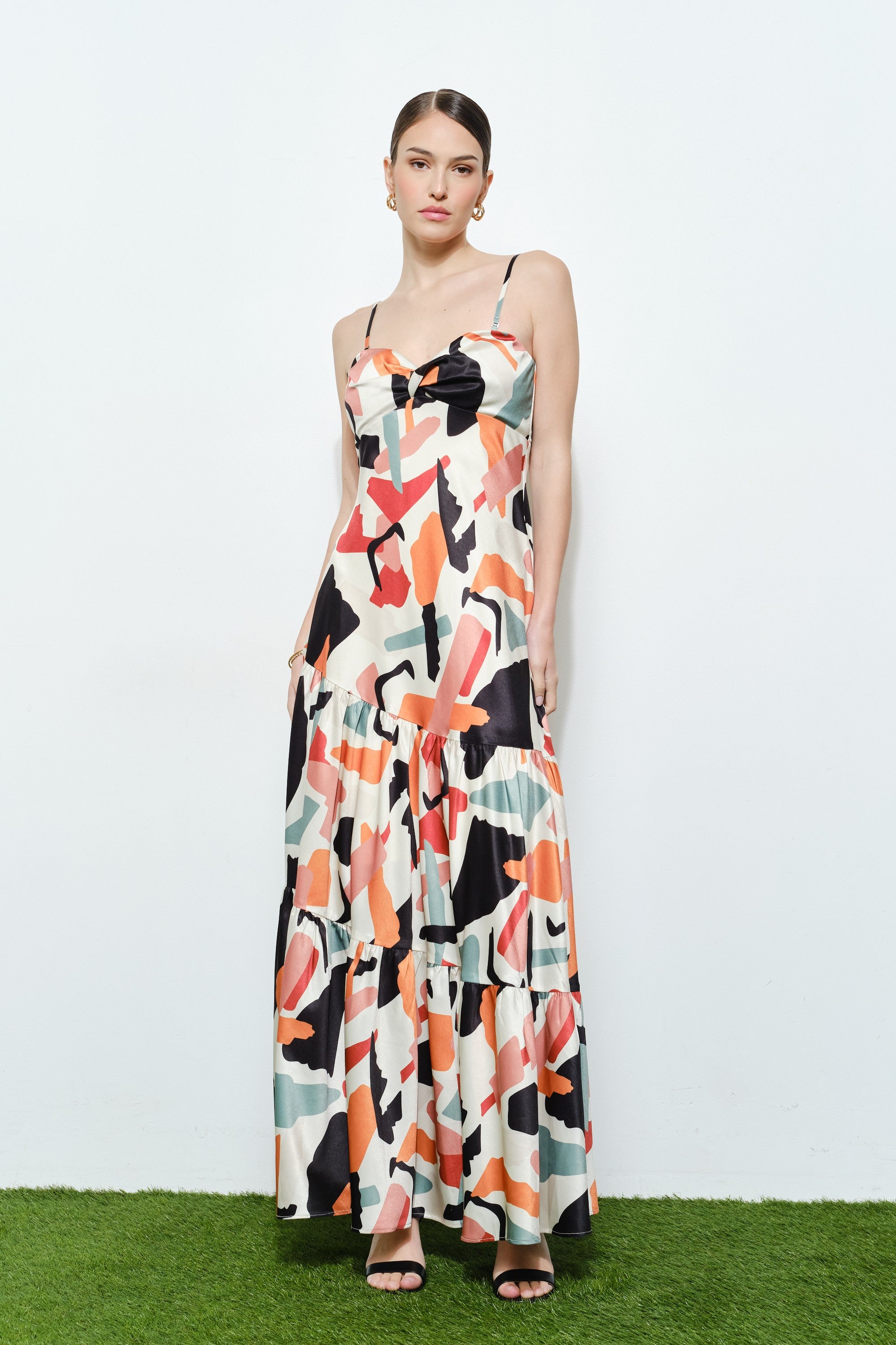 Luxe Abstract Satin Tiered Maxi Dress