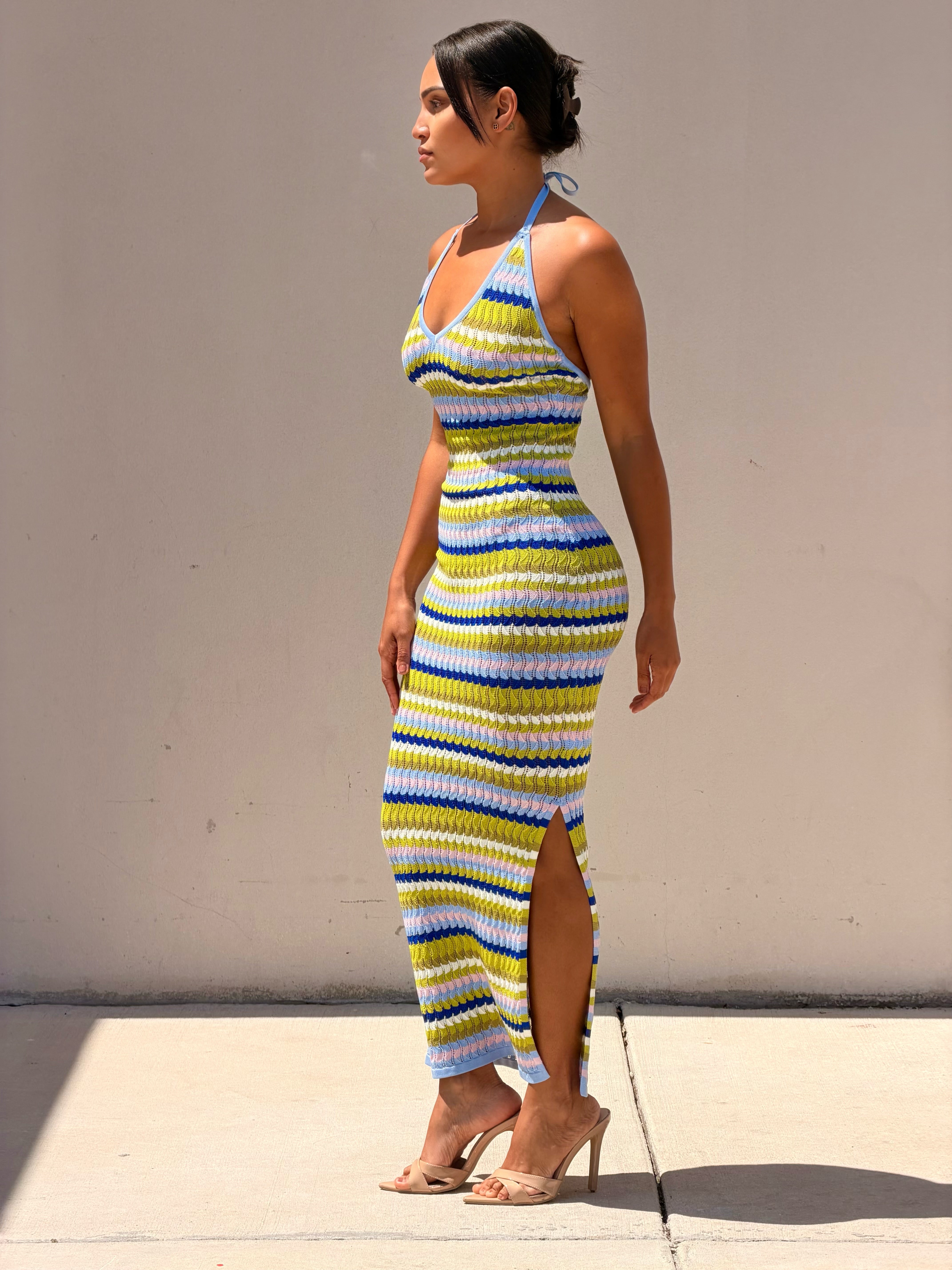 Multi Color Wavy Striped Halter Neck Knit Maxi Dress