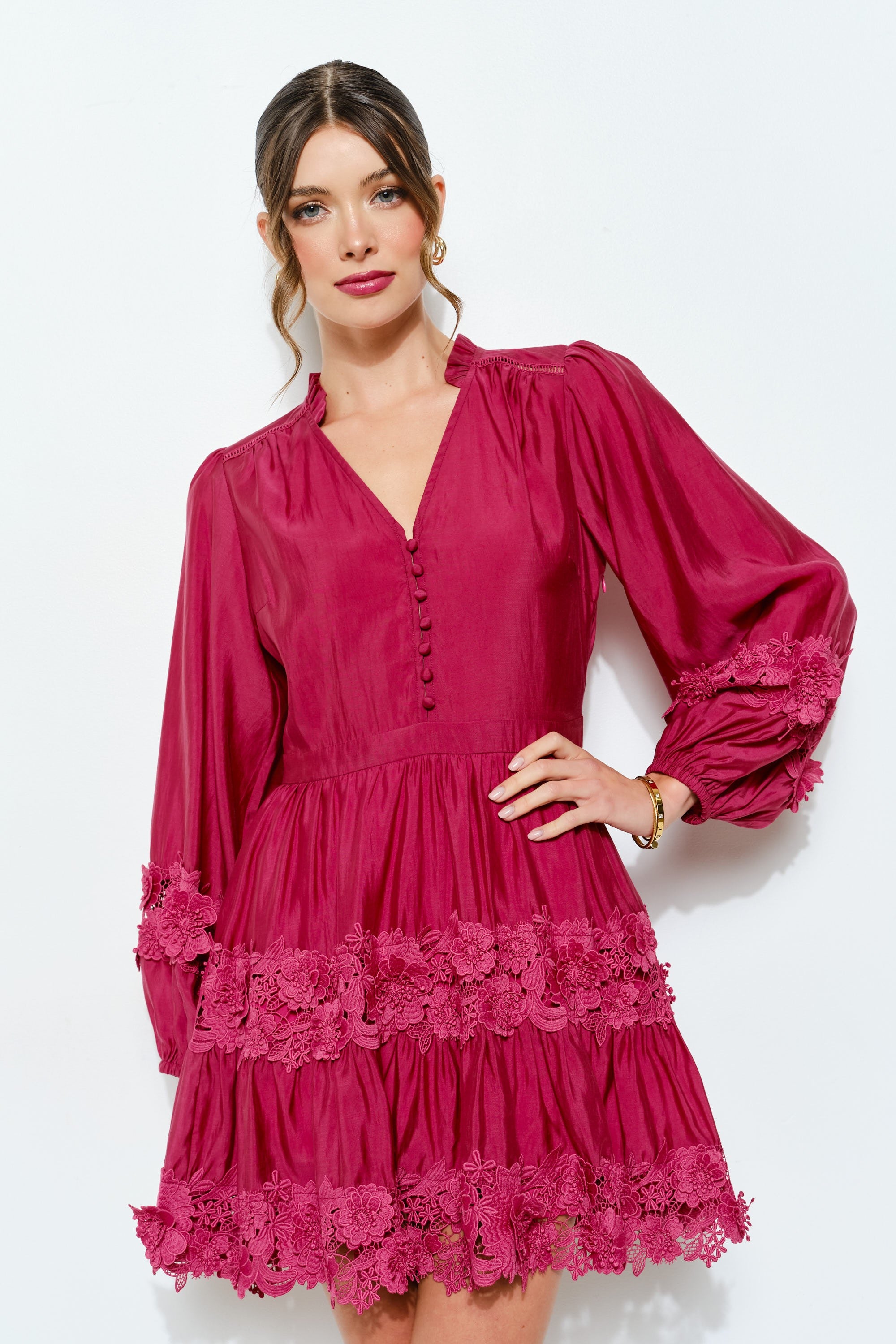 Shiny Floral Lace Puff Sleeve Mini Dress