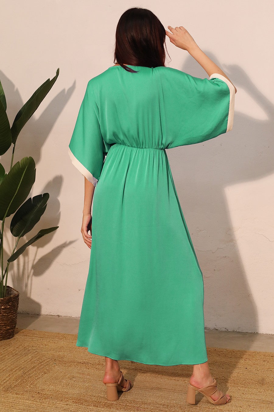 Silk Contrast Band Kimono Maxi Dress