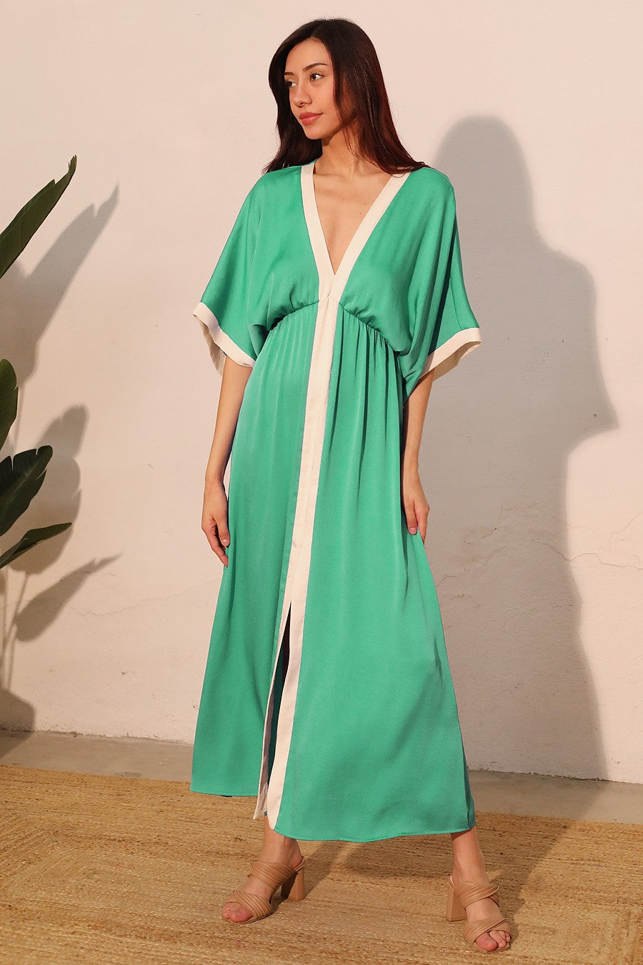 Silk Contrast Band Kimono Maxi Dress