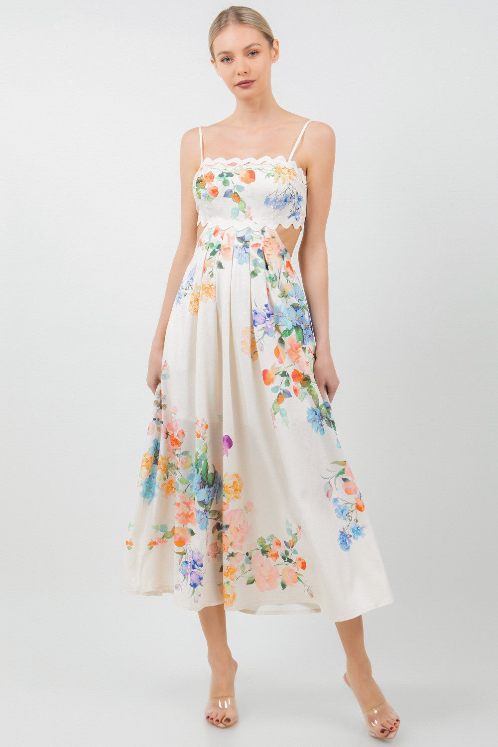 Floral Printed Sleeveless Hollow Out Midi Dress