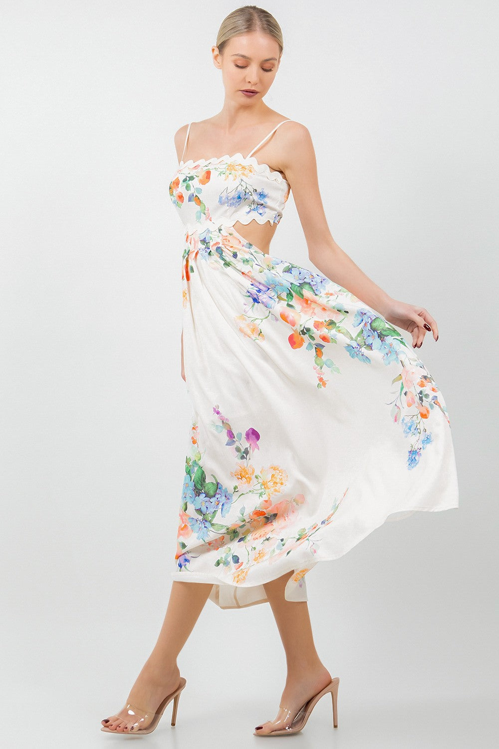Floral Printed Sleeveless Hollow Out Midi Dress