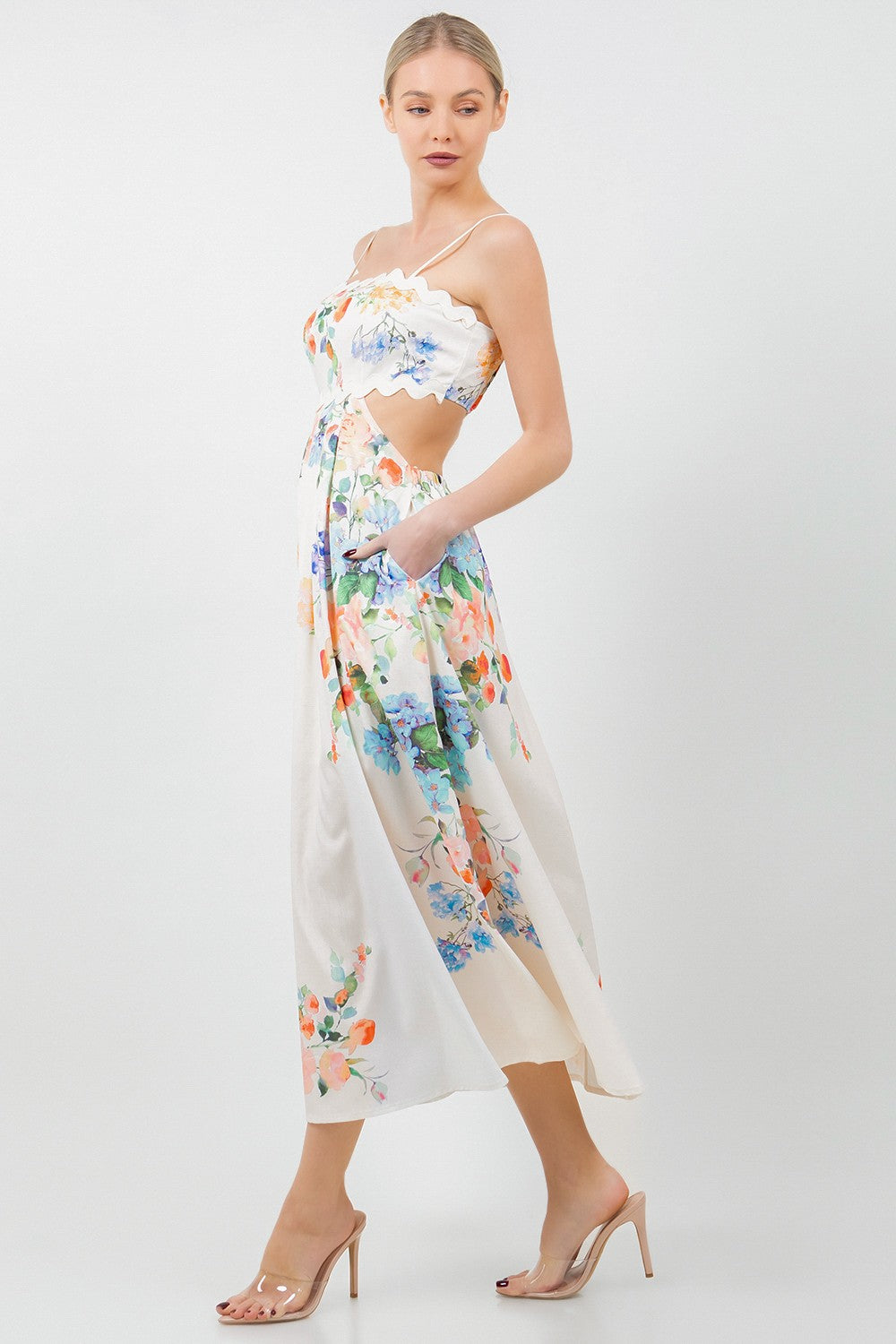 Floral Printed Sleeveless Hollow Out Midi Dress