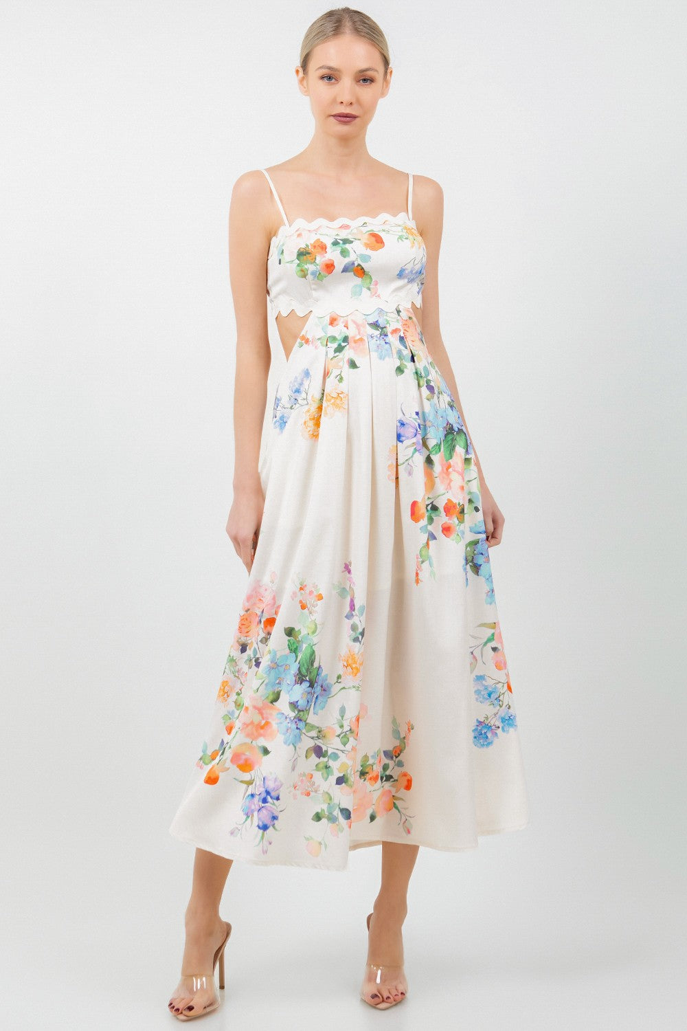 Floral Printed Sleeveless Hollow Out Midi Dress