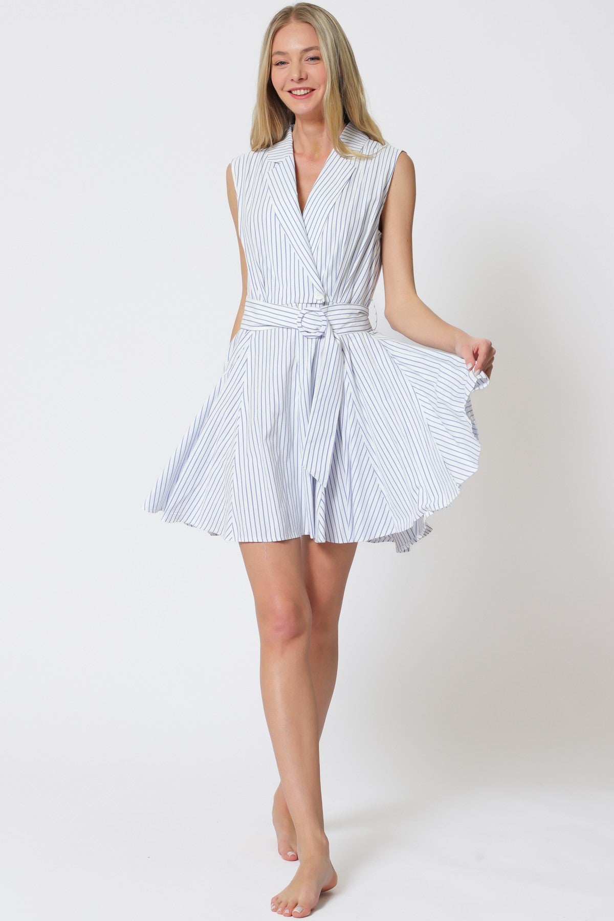 Shoulder Pad Waist Belted Mini Dress