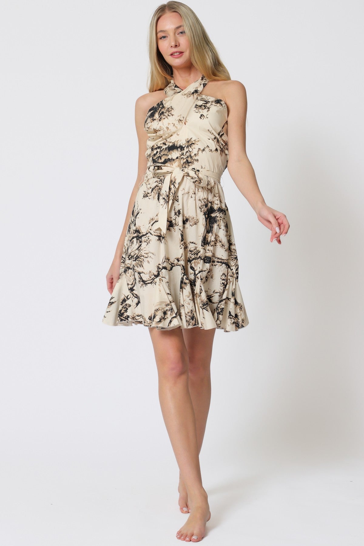 Halter Smocked Back Top Belted Mini Dress