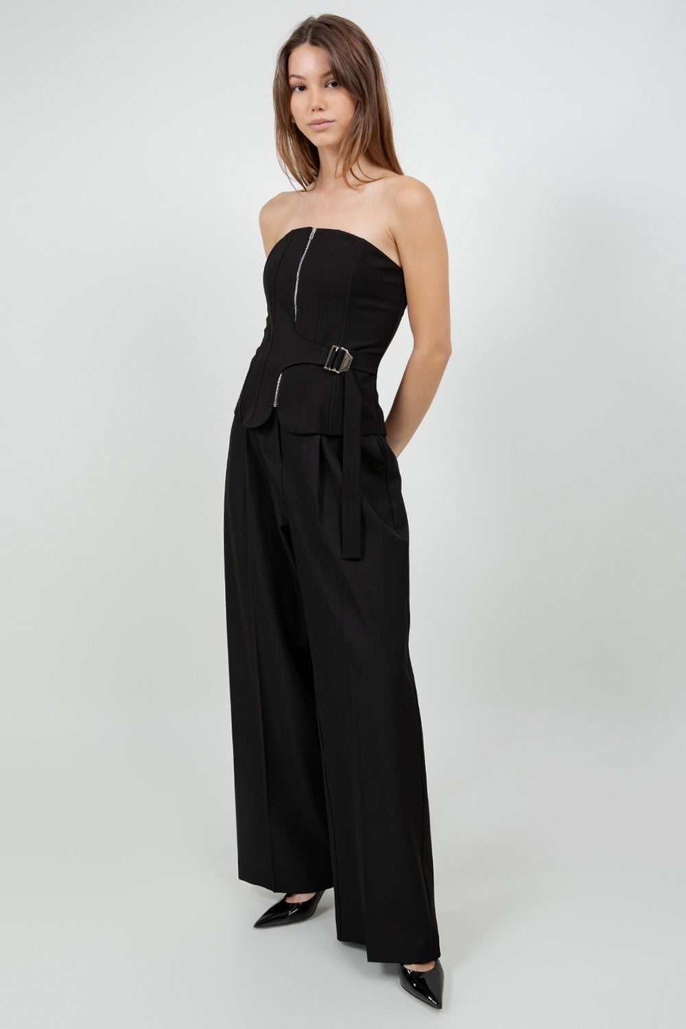 Side Waist Belt Structured Woven Top