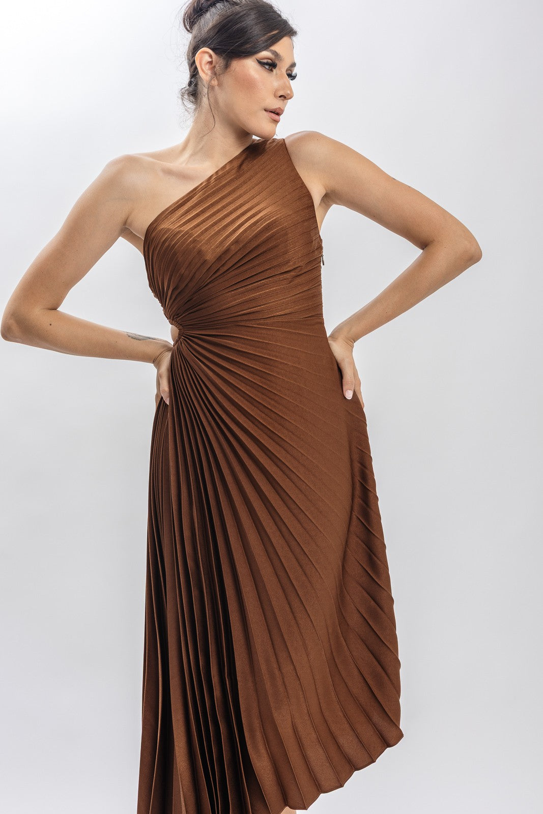 Solid Ruched Pleated One Shoulder Hi Low Dress