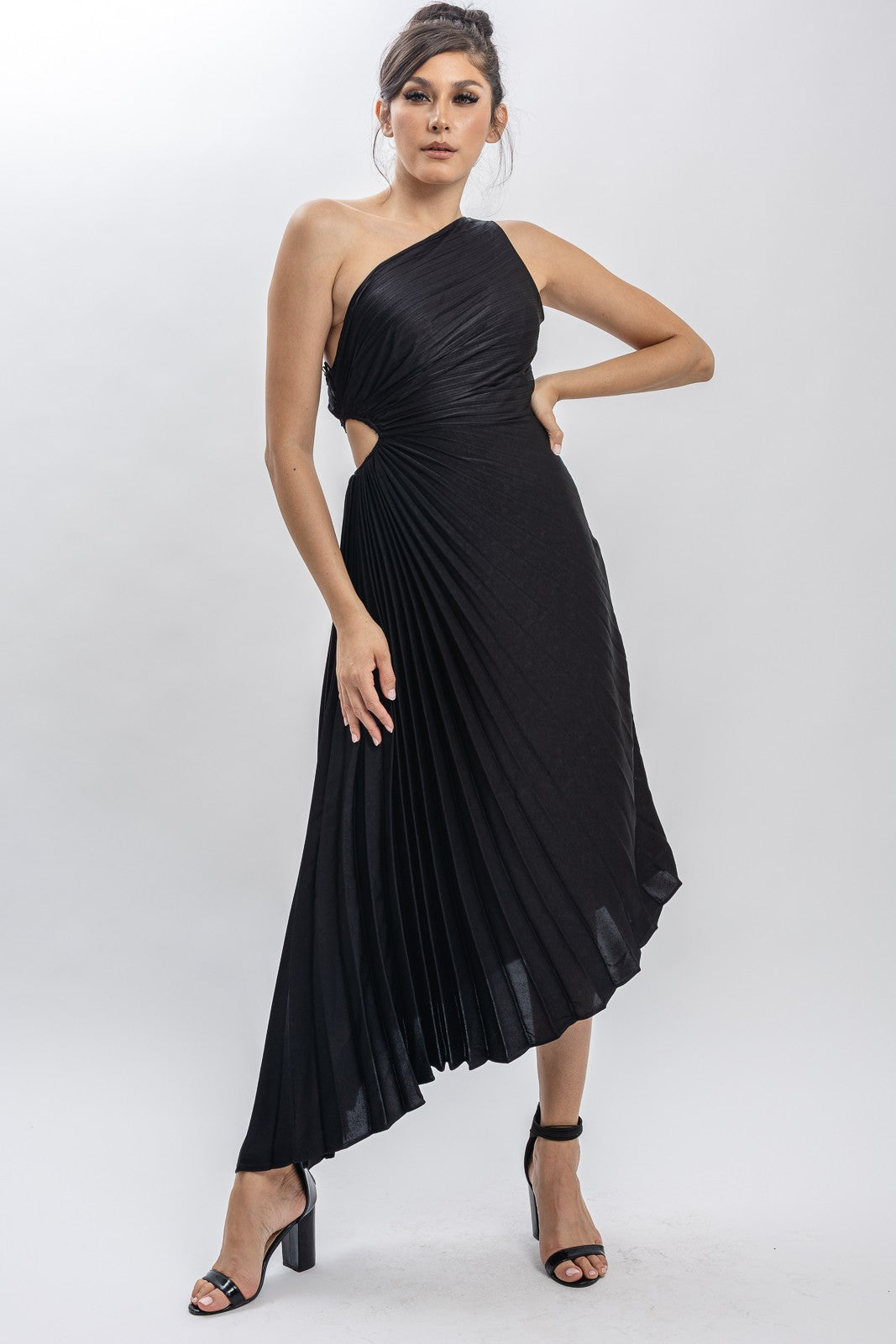 Solid Ruched Pleated One Shoulder Hi Low Dress