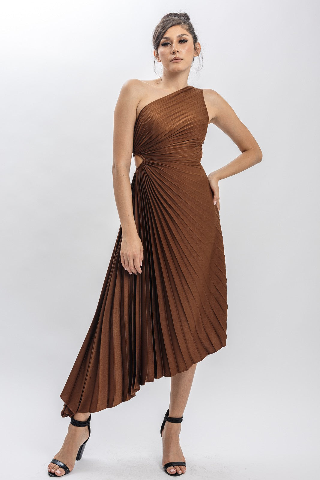 Solid Ruched Pleated One Shoulder Hi Low Dress