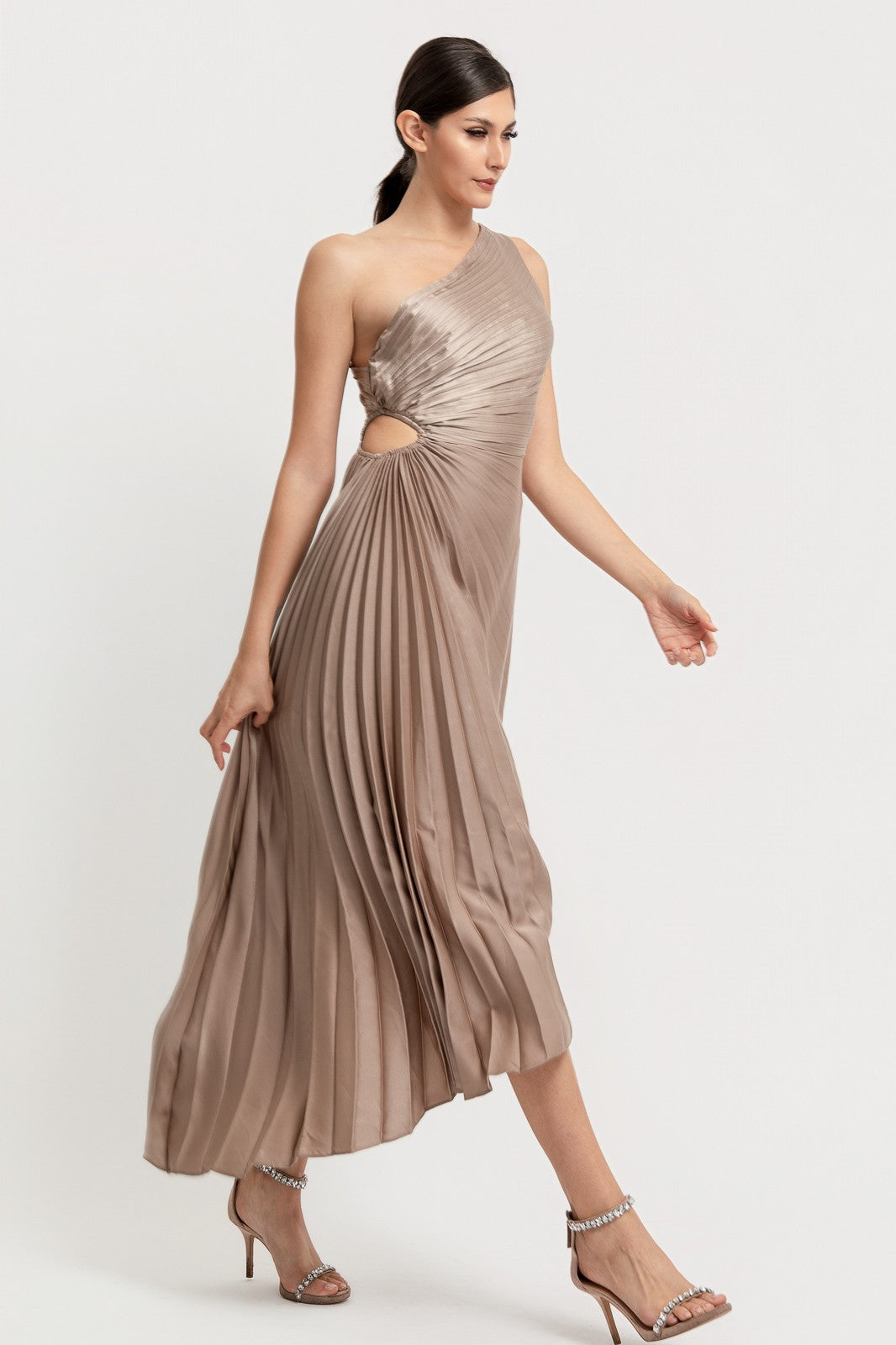 Solid Ruched Pleated One Shoulder Hi Low Dress