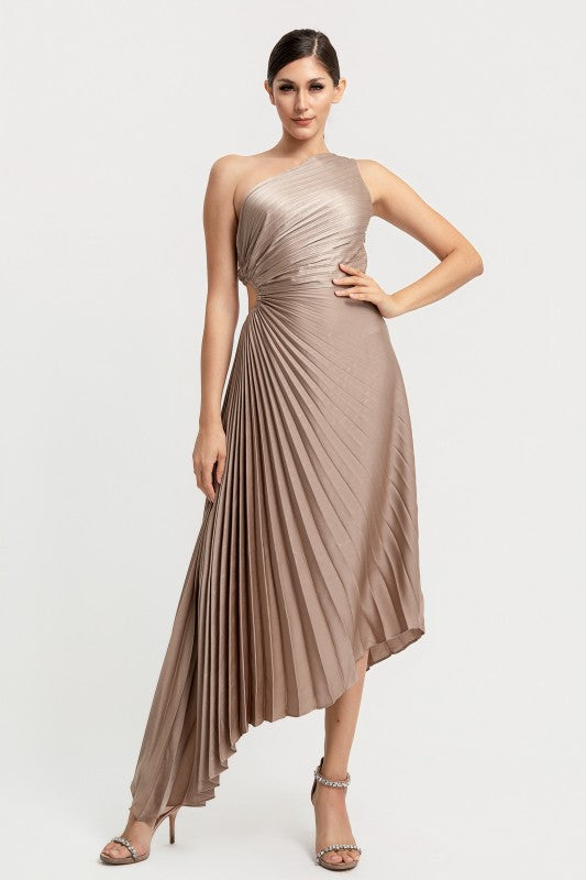 Solid Ruched Pleated One Shoulder Hi Low Dress