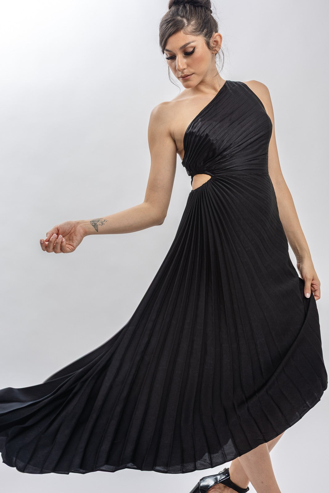 Solid Ruched Pleated One Shoulder Hi Low Dress