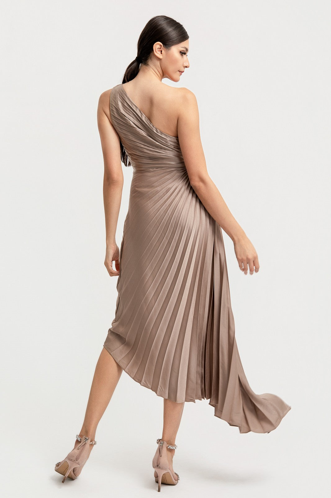 Solid Ruched Pleated One Shoulder Hi Low Dress