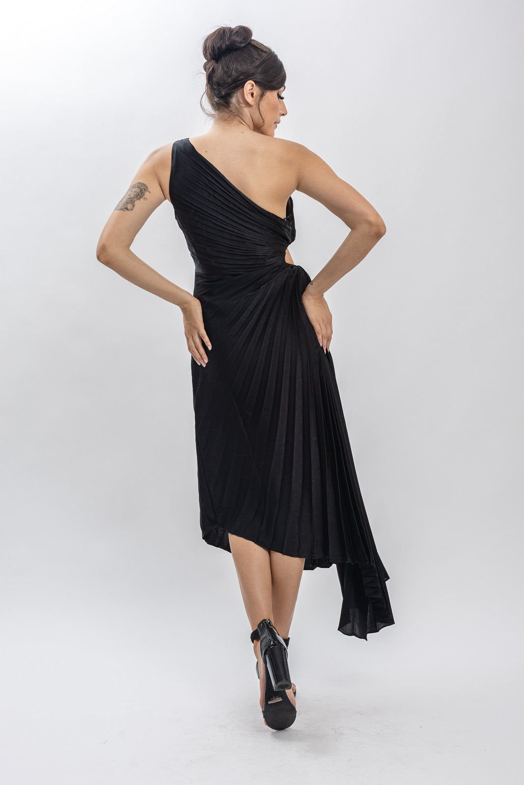 Solid Ruched Pleated One Shoulder Hi Low Dress