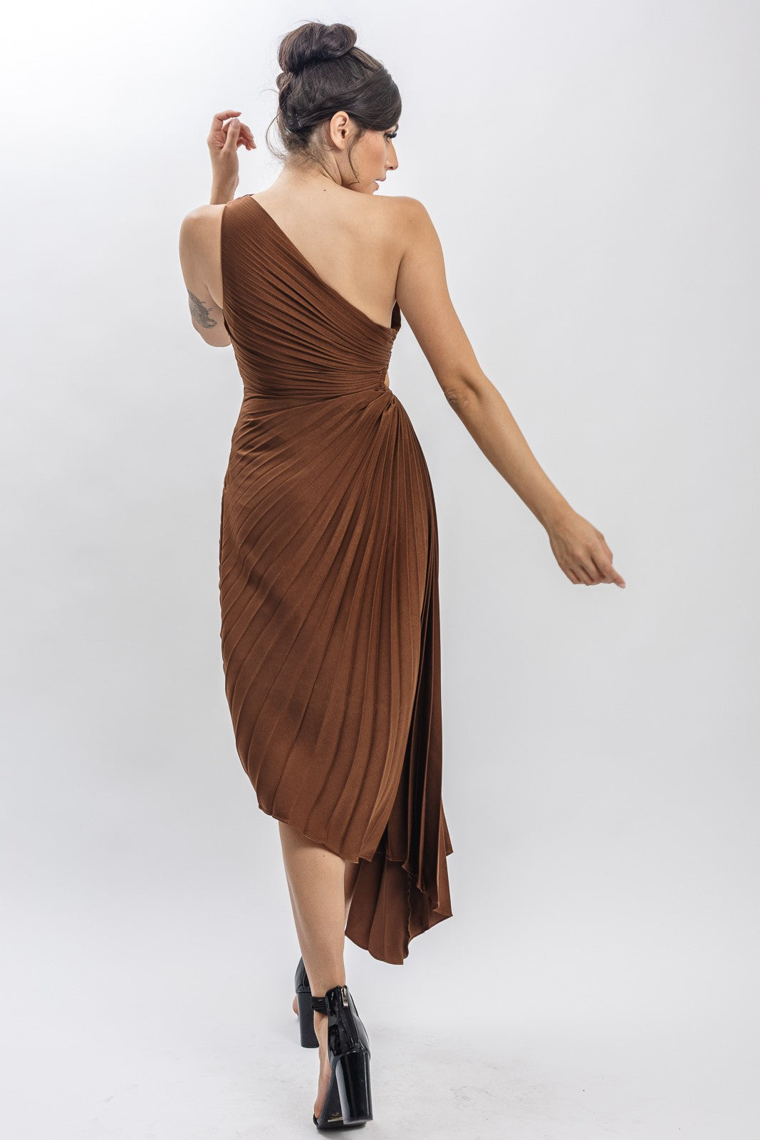 Solid Ruched Pleated One Shoulder Hi Low Dress