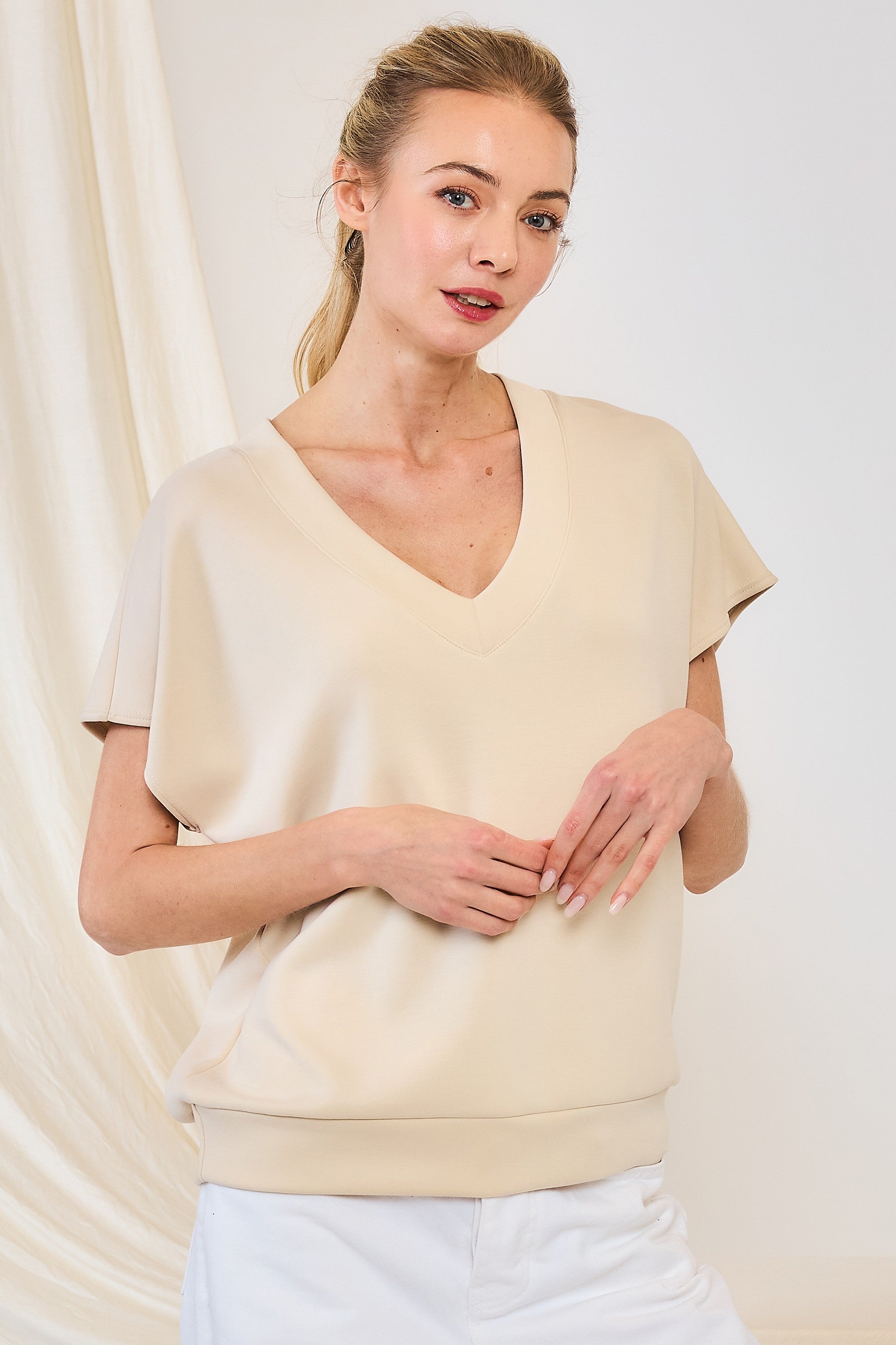 Buttery Soft Contrast Pants &  V-neck Drop Shoulder Top