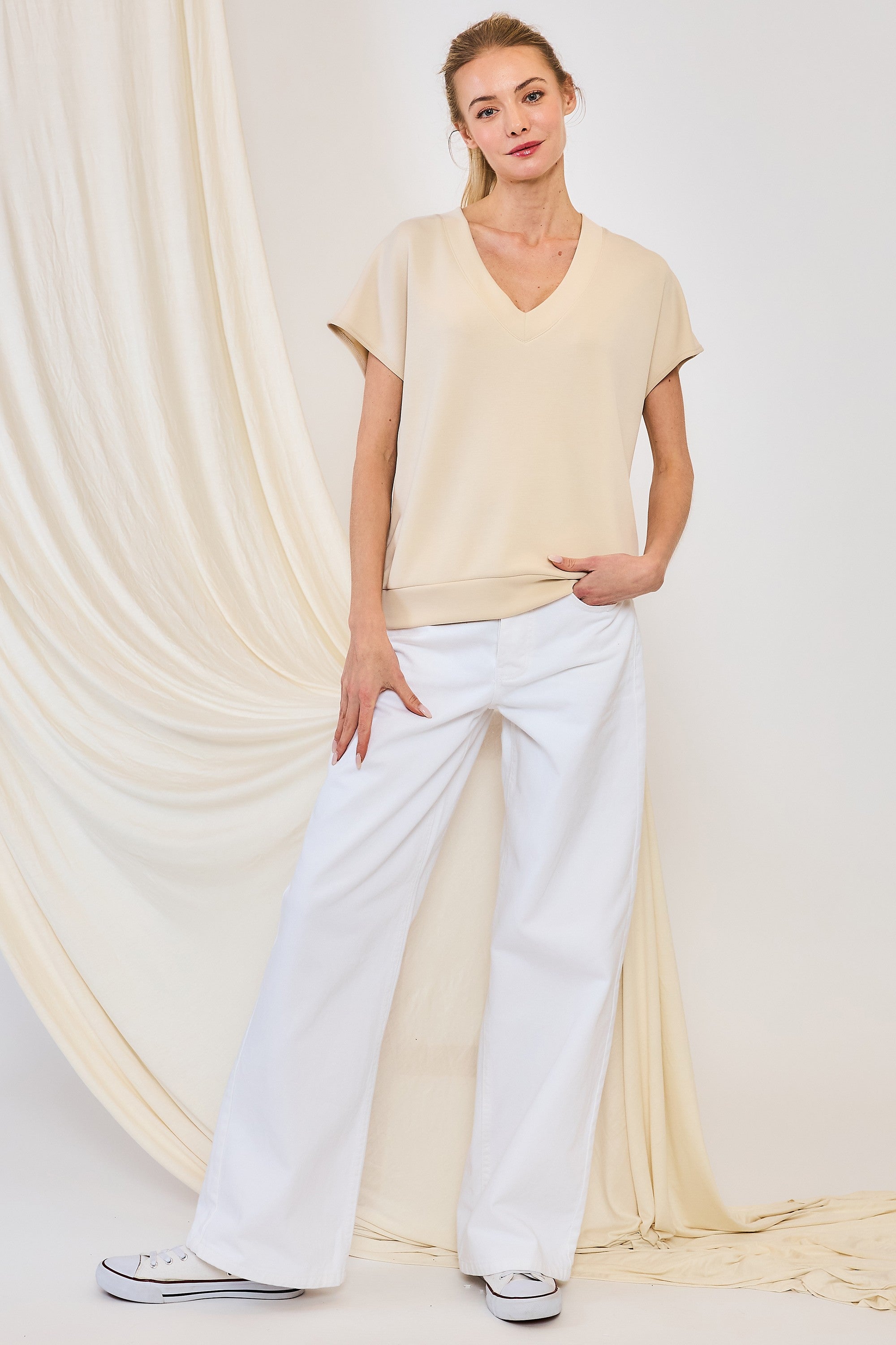 Buttery Soft Contrast Pants &  V-neck Drop Shoulder Top