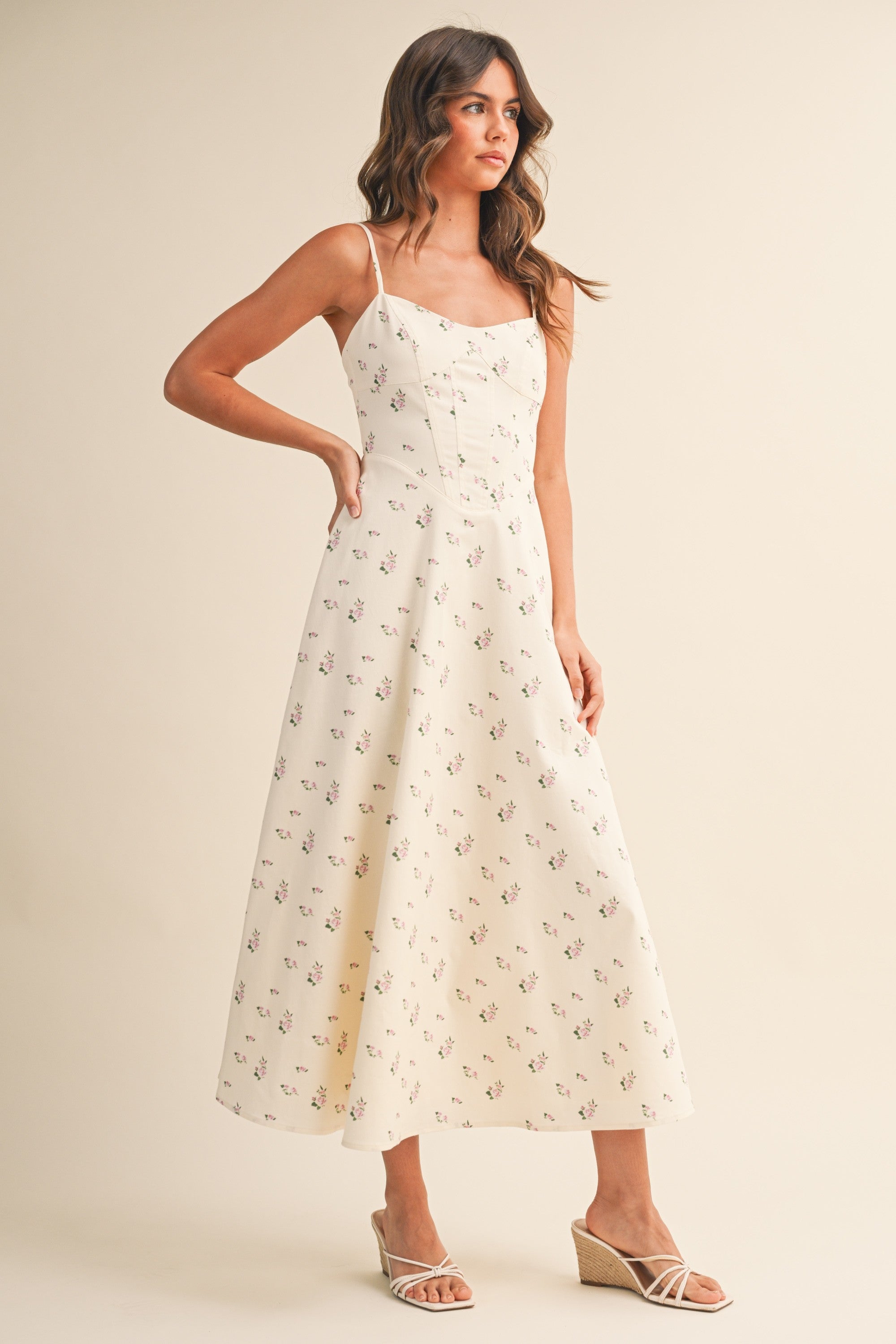 Floral Printed Twill Paneled A Line Midi Dress