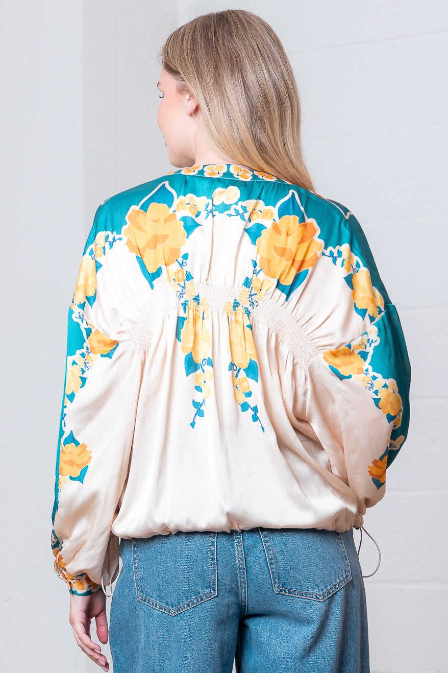 Long Slv Smocking Detailed Flower Printed Jacket