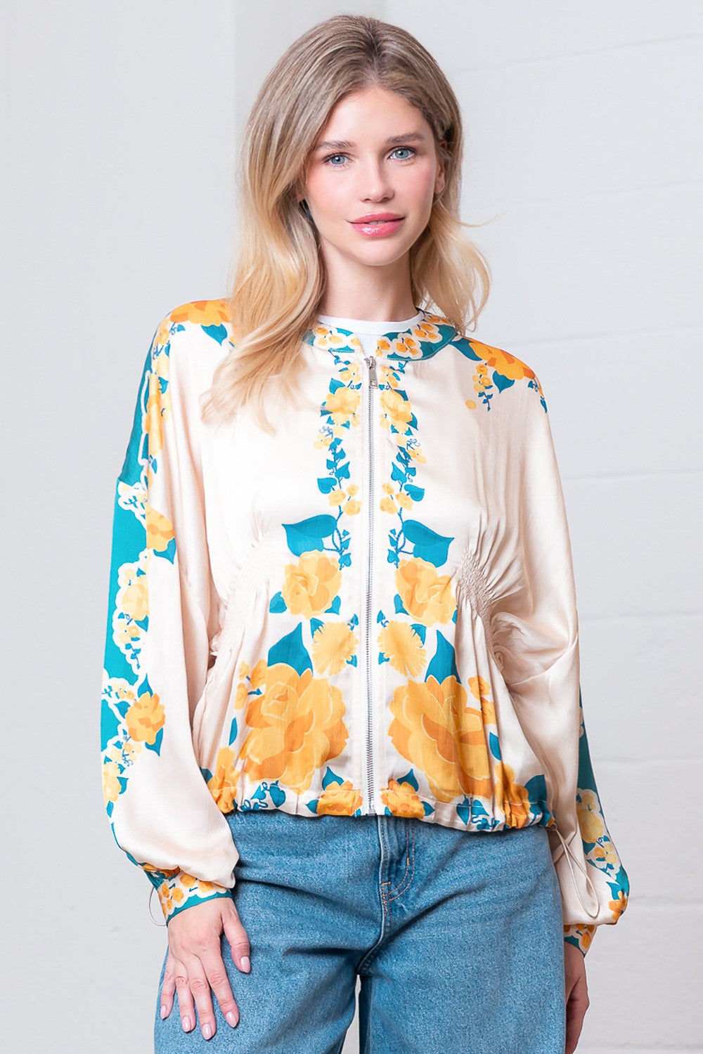 Long Slv Smocking Detailed Flower Printed Jacket