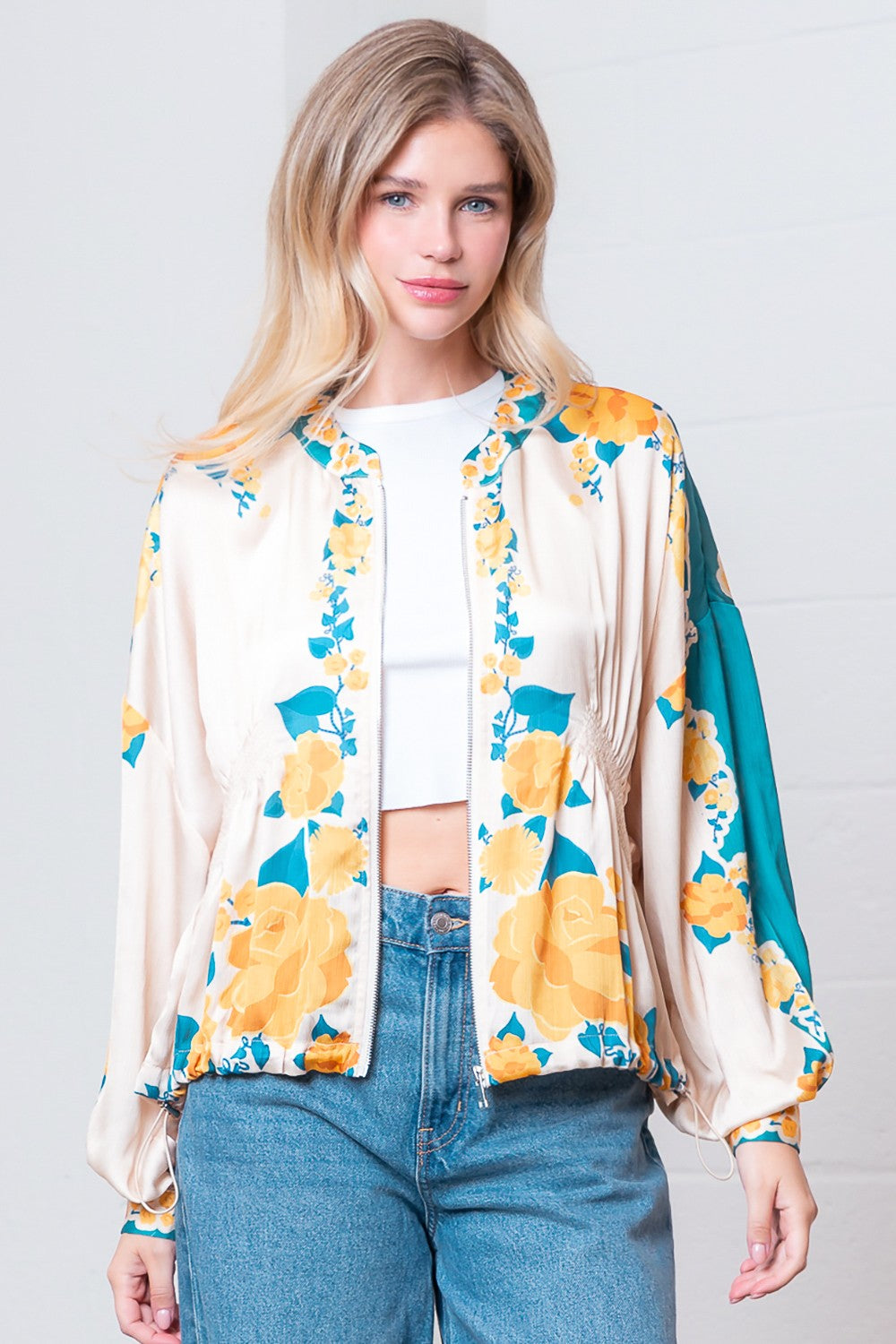 Long Slv Smocking Detailed Flower Printed Jacket