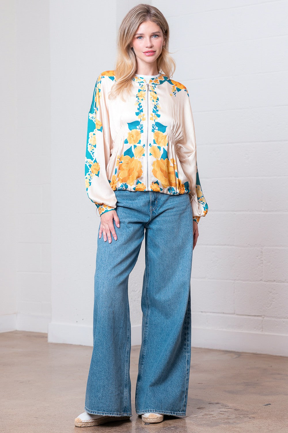 Long Slv Smocking Detailed Flower Printed Jacket