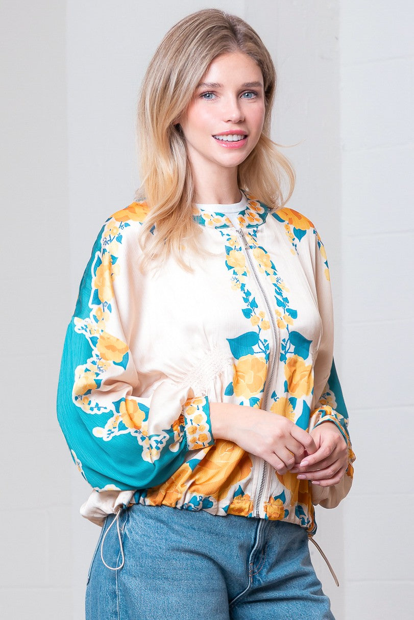 Long Slv Smocking Detailed Flower Printed Jacket
