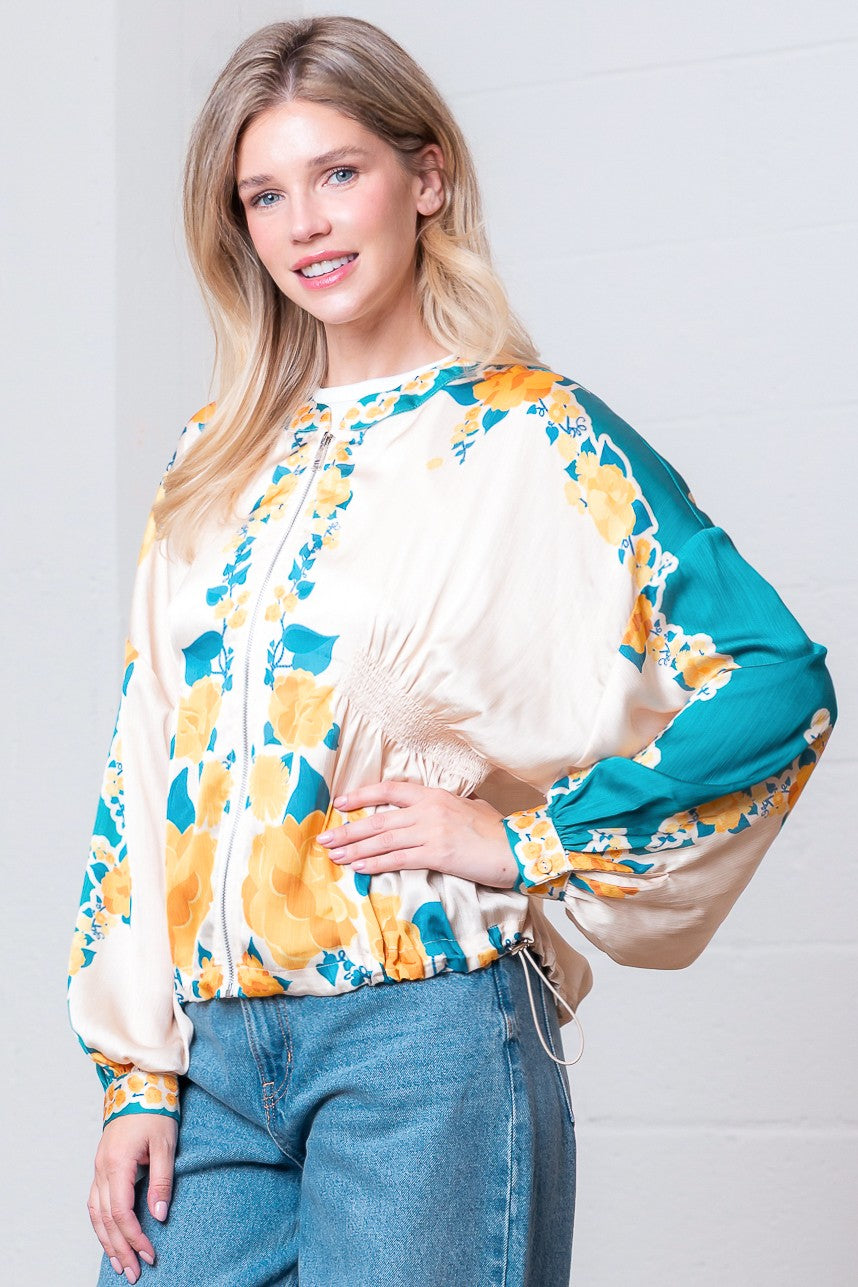 Long Slv Smocking Detailed Flower Printed Jacket