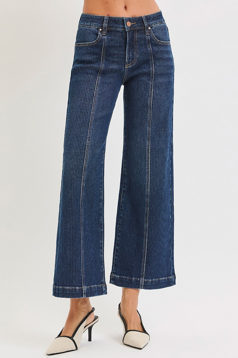 Mid Rise Crop Wide Front Seamed Detailed Jeans