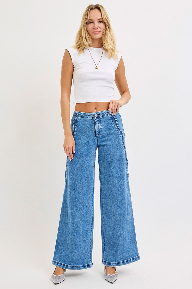 Scalloped Edge Detail High Rise Wide Leg Denim