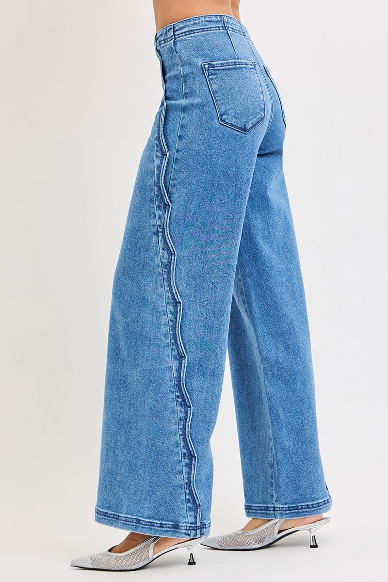 Scalloped Edge Detail High Rise Wide Leg Denim