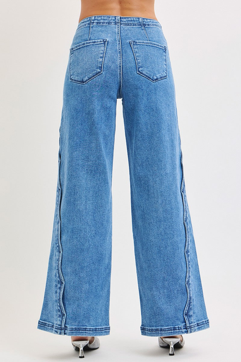 Scalloped Edge Detail High Rise Wide Leg Denim