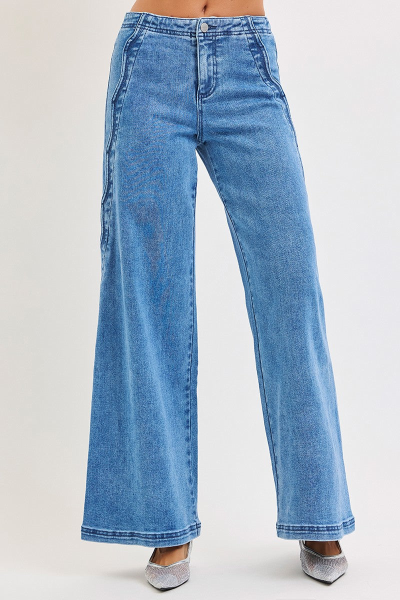 Scalloped Edge Detail High Rise Wide Leg Denim