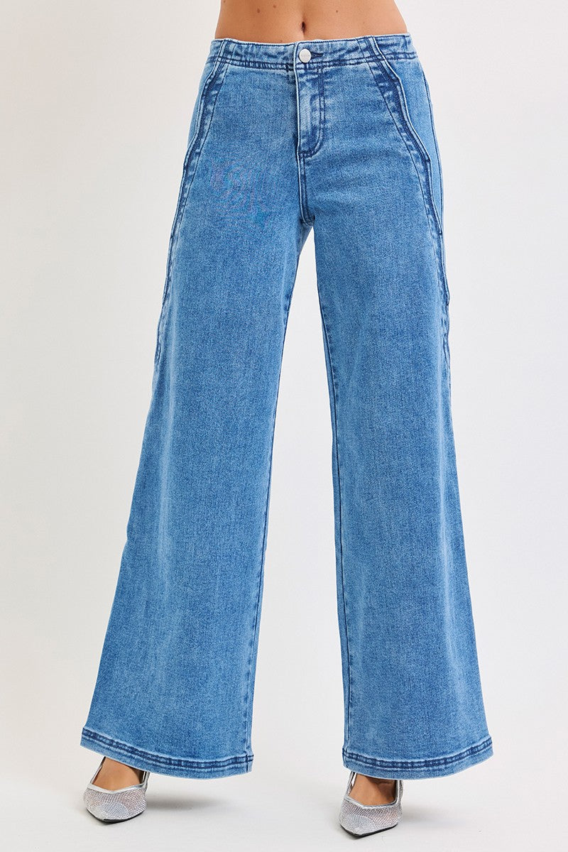 Scalloped Edge Detail High Rise Wide Leg Denim