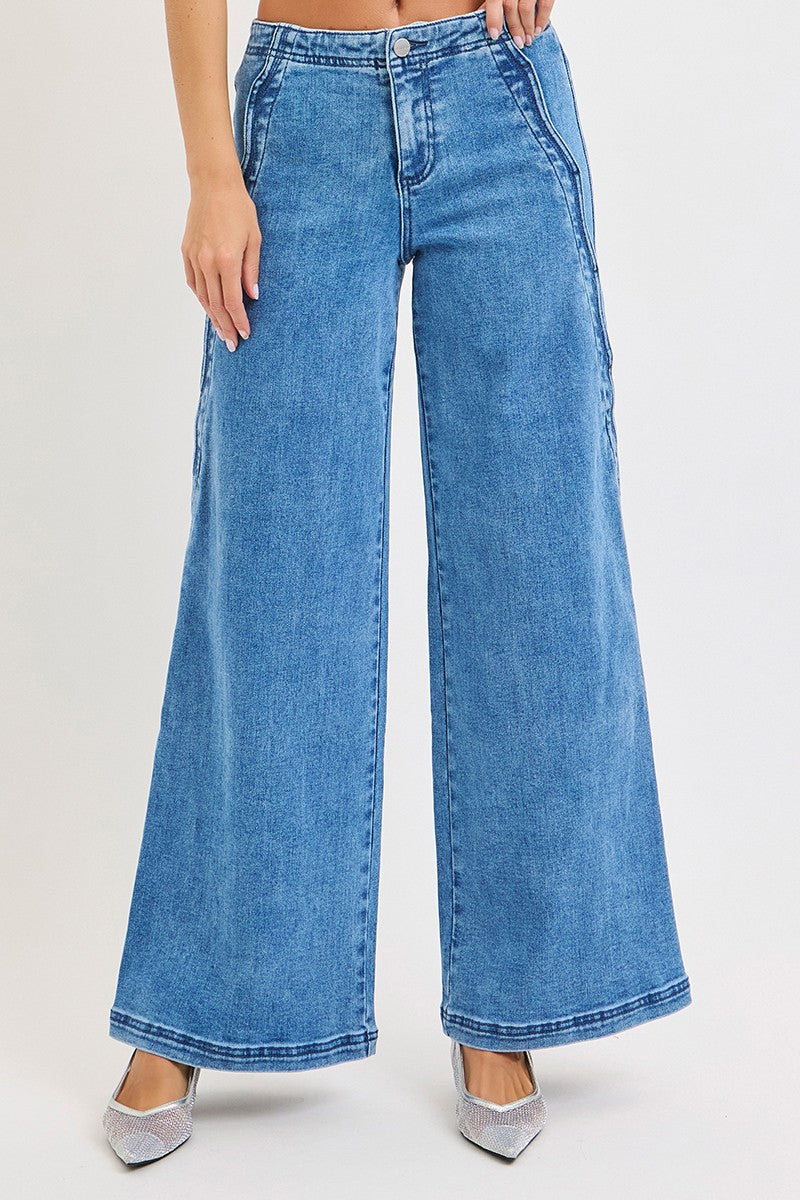 Scalloped Edge Detail High Rise Wide Leg Denim