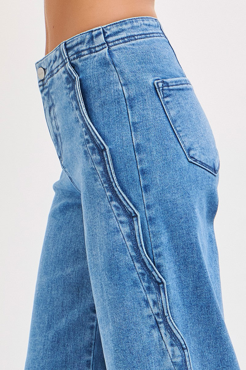 Scalloped Edge Detail High Rise Wide Leg Denim