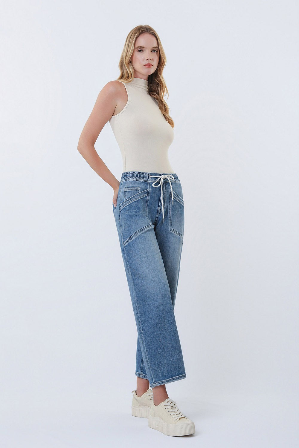High Rise Elastic Waistband Wide Barrel Jeans V3648