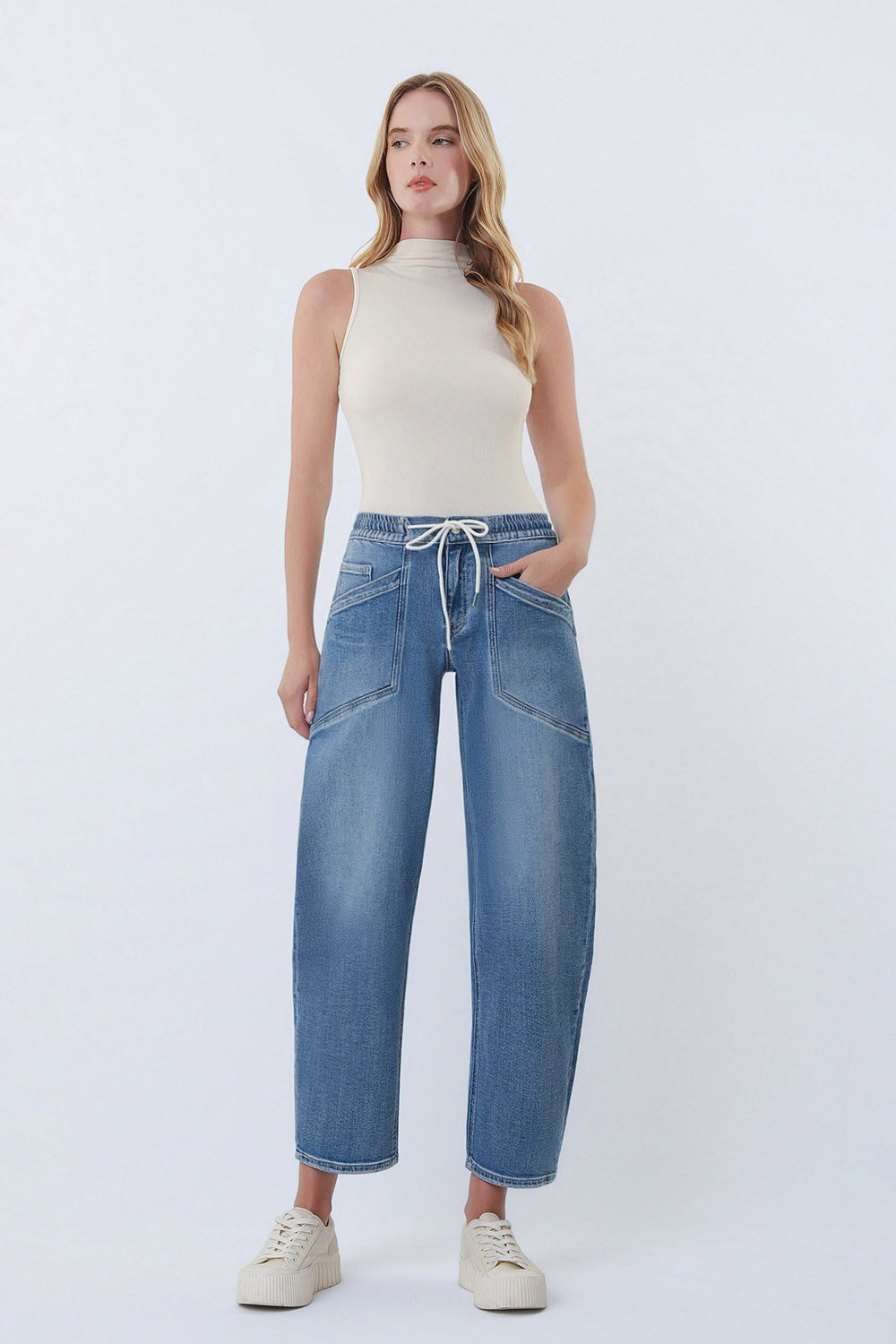 High Rise Elastic Waistband Wide Barrel Jeans V3648