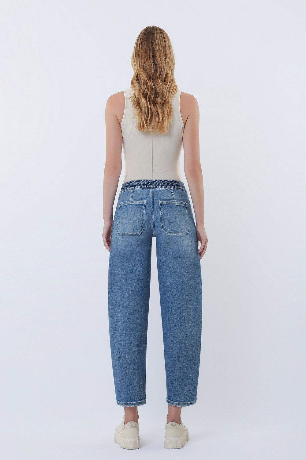 High Rise Elastic Waistband Wide Barrel Jeans V3648