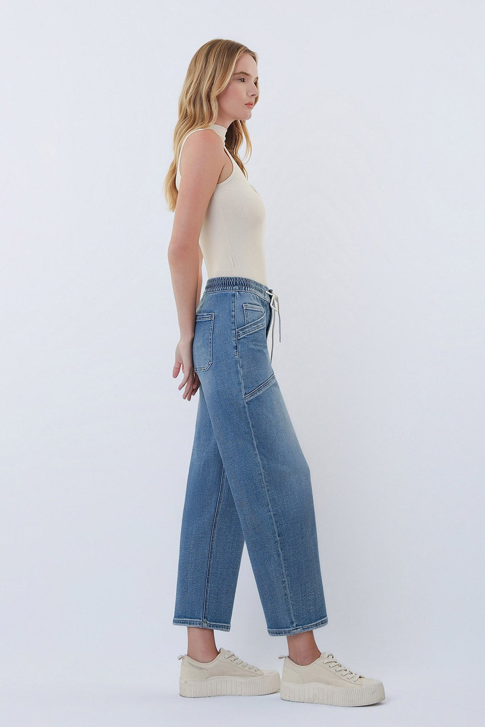 High Rise Elastic Waistband Wide Barrel Jeans V3648