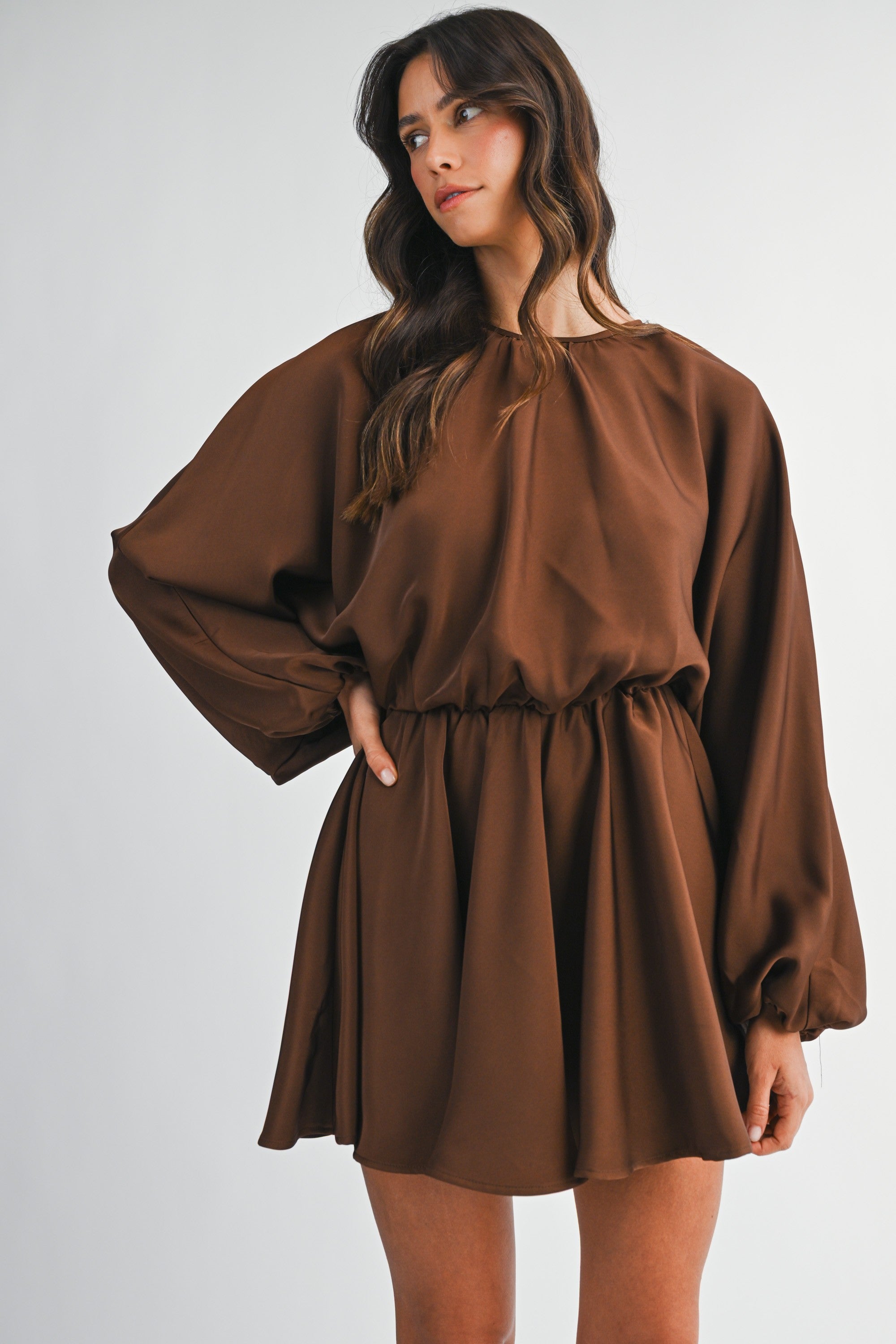 Satin Balloon Long Sleeve Mini Dress