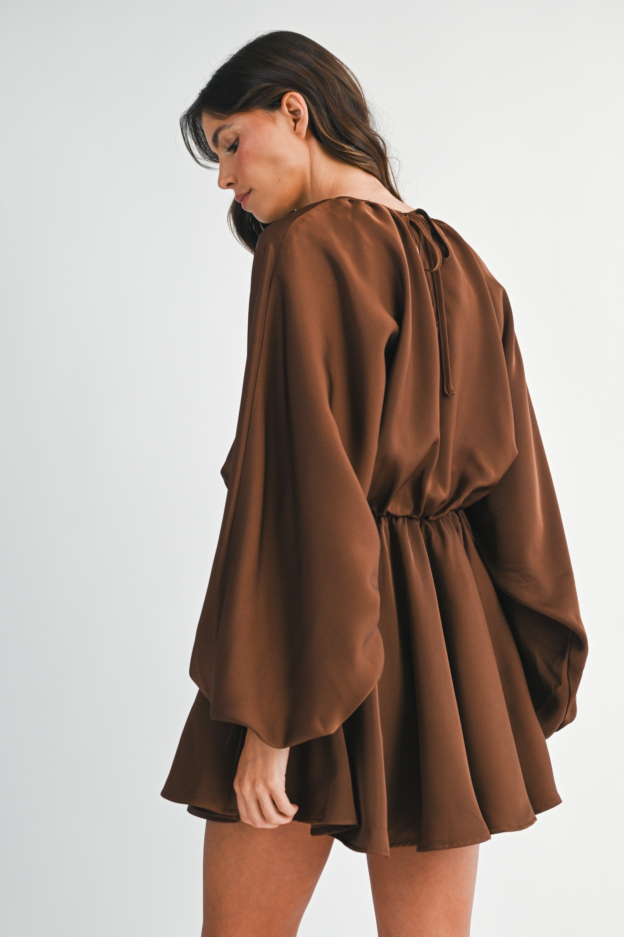 Satin Balloon Long Sleeve Mini Dress